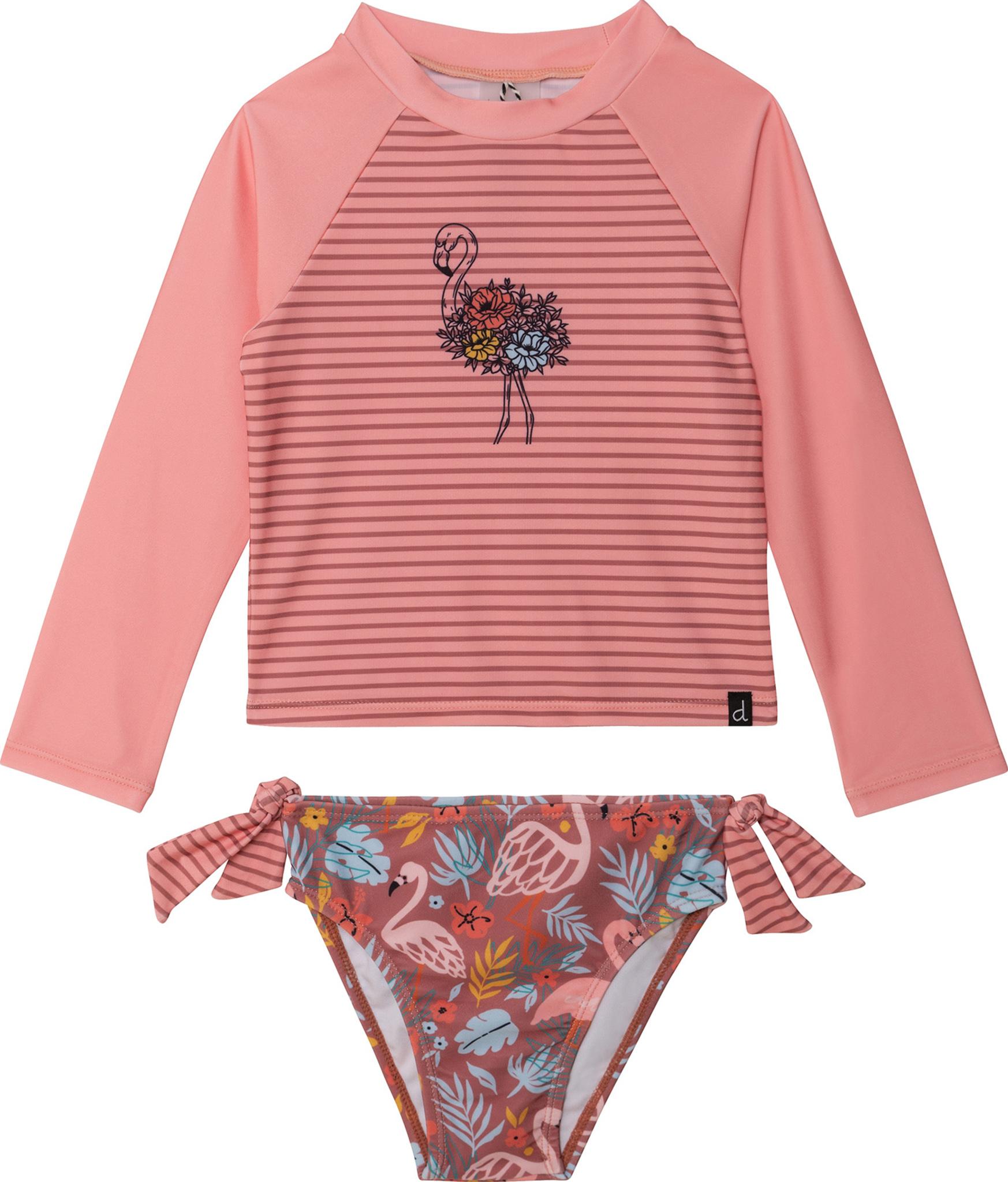 Product gallery image number 1 for product Printed Flamingos Two Piece Long Sleeve Rashguard - Little Girls