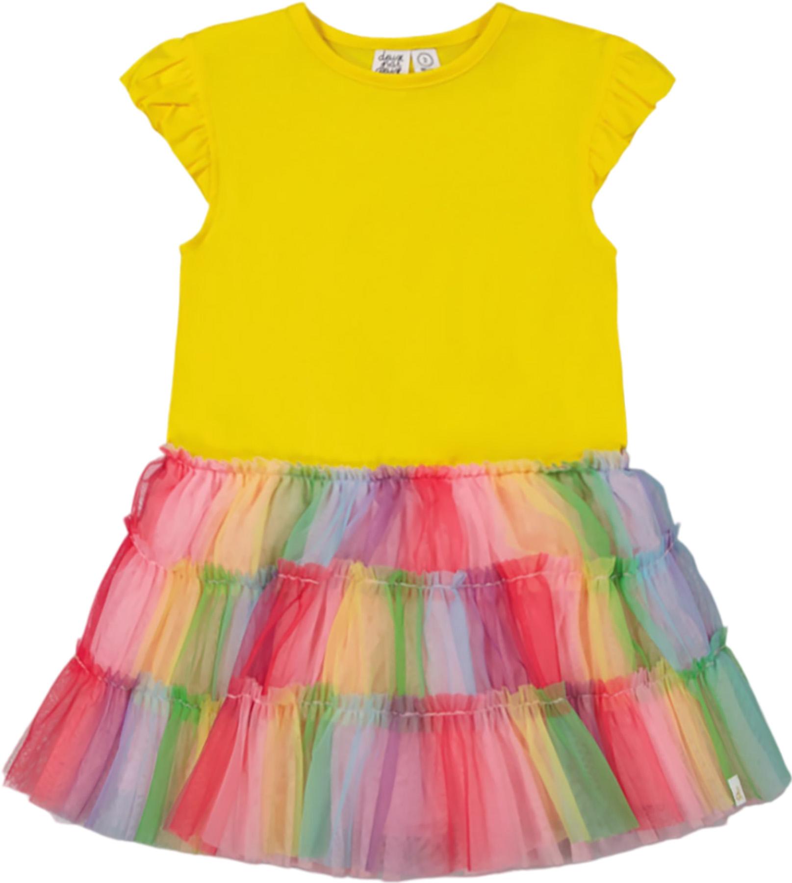 Product gallery image number 1 for product Short Sleeve Dress with Multicolored Ruffle Tulle Skirt - Little Girl
