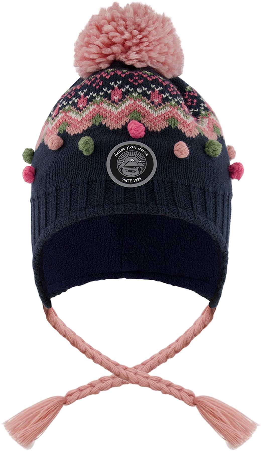 Product image for Navy Blue-Pink Lined Peruvian Knit Pompom Hat - Little Girl