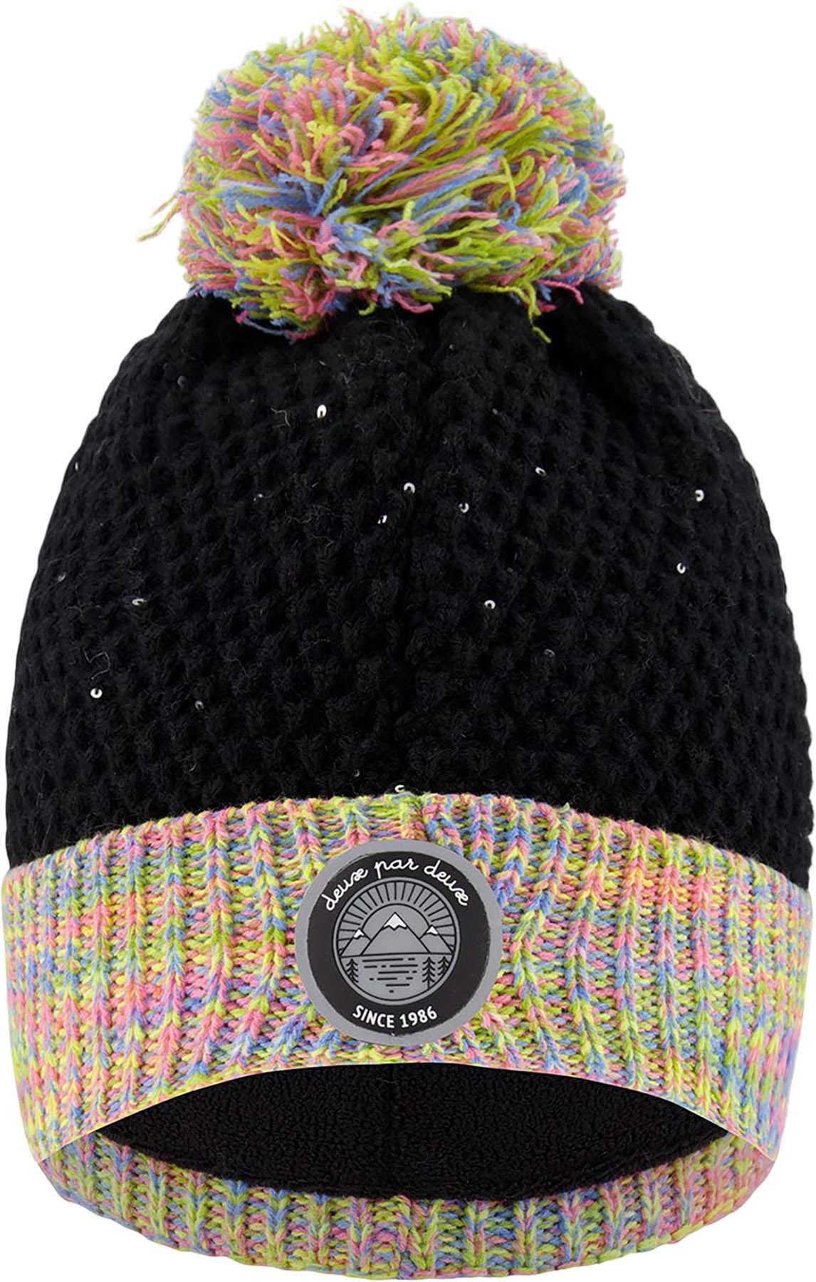 Product image for Black-Multicolor Lined Knit Pompom Hat - Little Girl