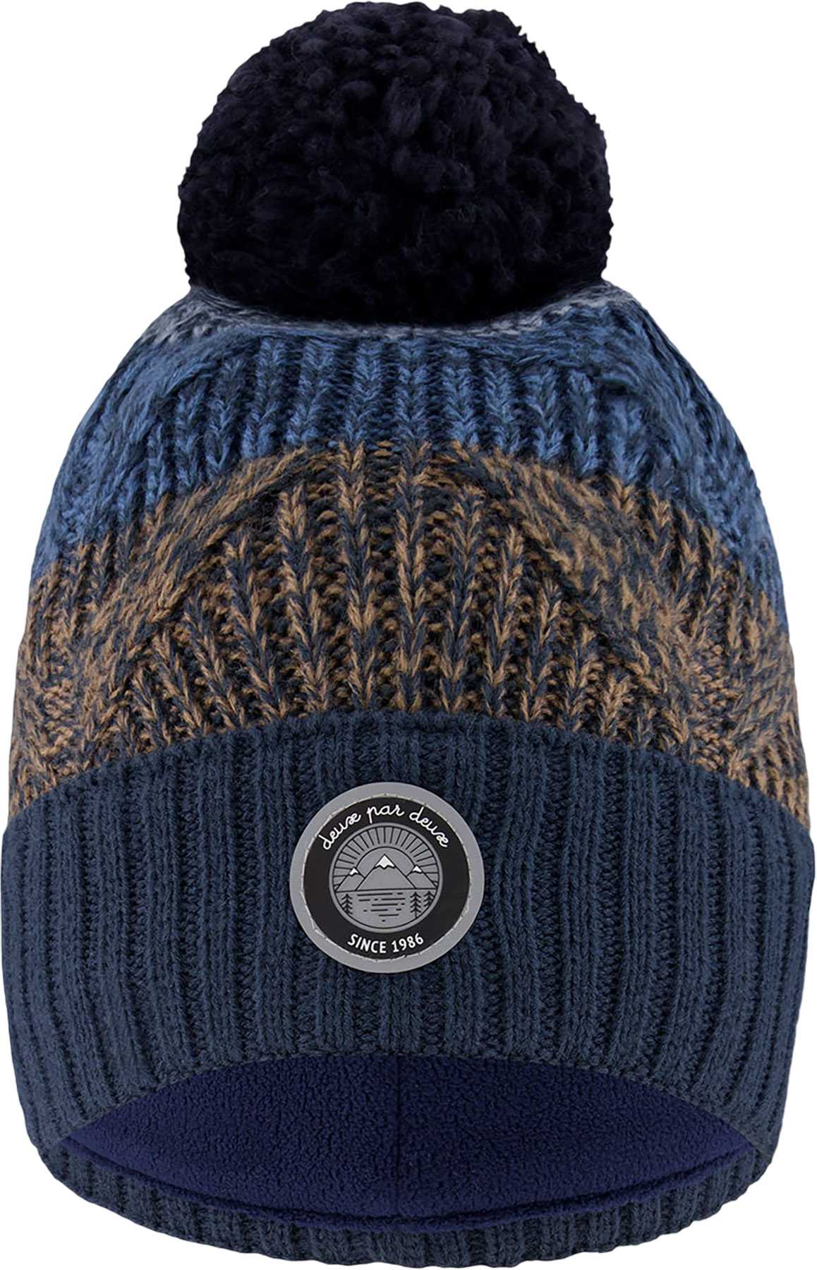 Product image for Taupe-Navy Lined Knit Pompom Hat - Little Boy