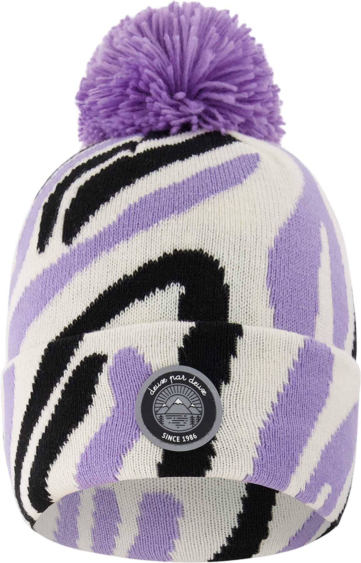 Product image for Black-White-Lilac Lined Knit Pompom Hat - Little Girl