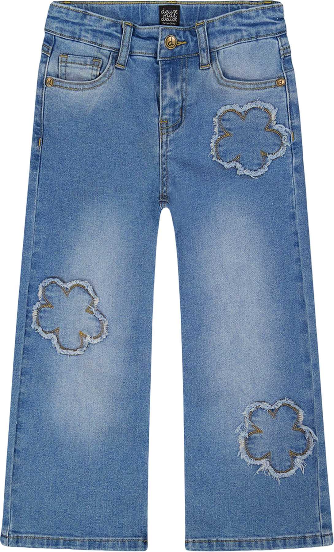 Product image for Wide Leg Stretch Denim Jeans with Flower Stitching - Little Girl