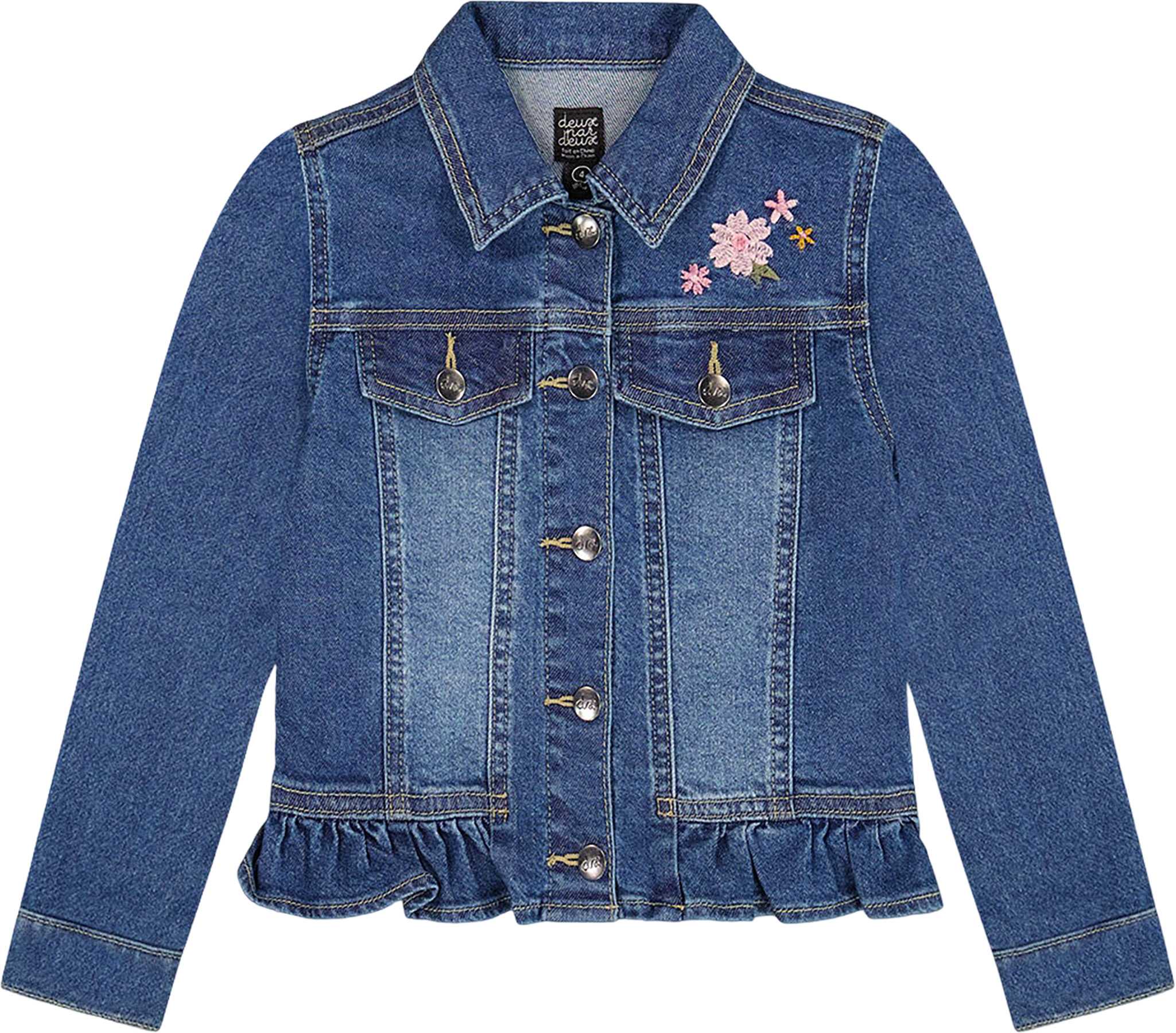 Product image for Denim Jacket with Ruffle Hem and Floral Embroidery - Big Girl