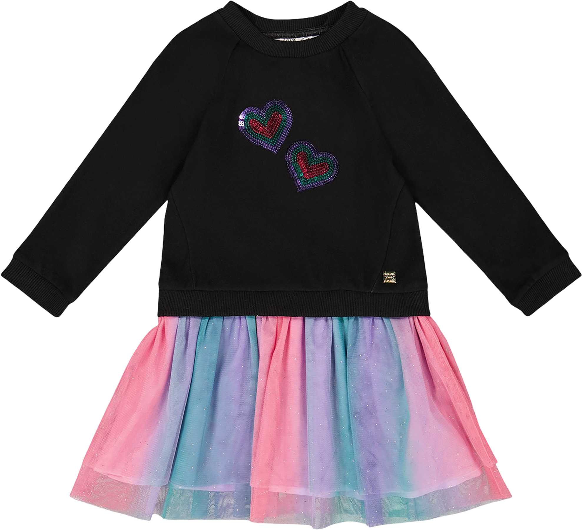 Product image for Black Bi-Material Dress with Mesh Skirt - Little Girl