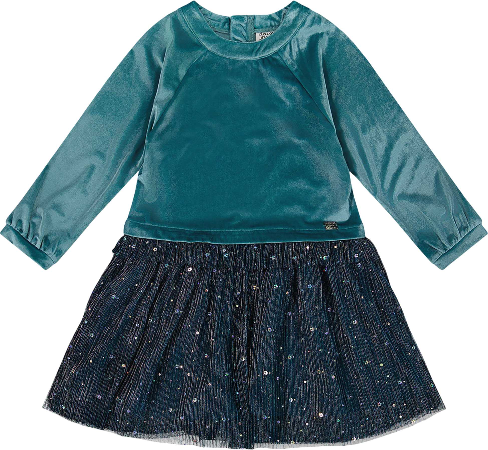 Product image for Long Sleeve Bi-Material Velvet and Pleated Mesh Dress - Little Girl