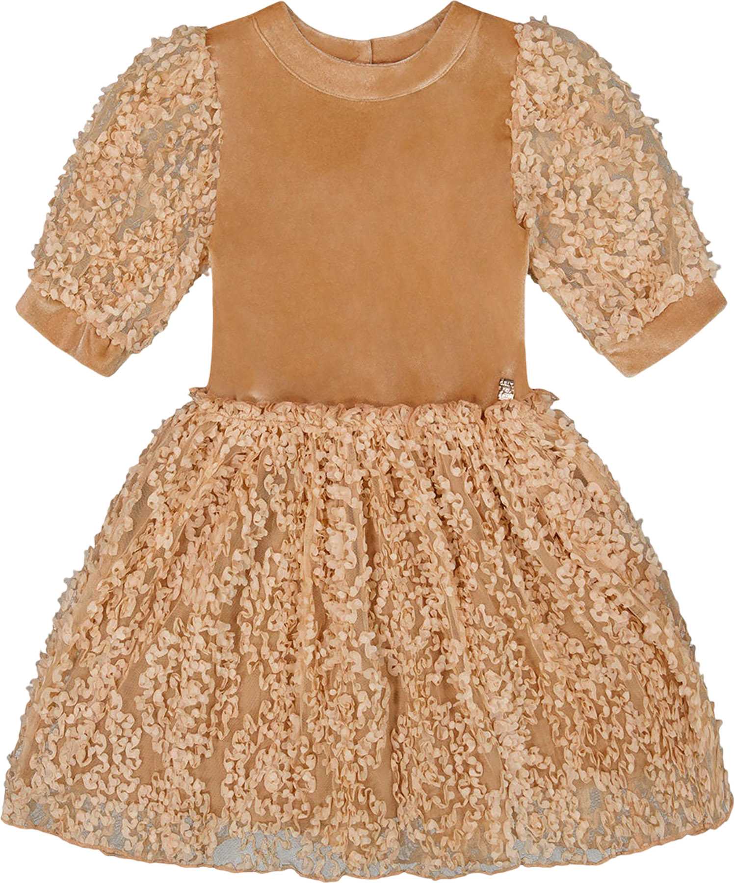 Product image for Puff Sleeve Bi-Material Velour and Lace Dress - Big Girl