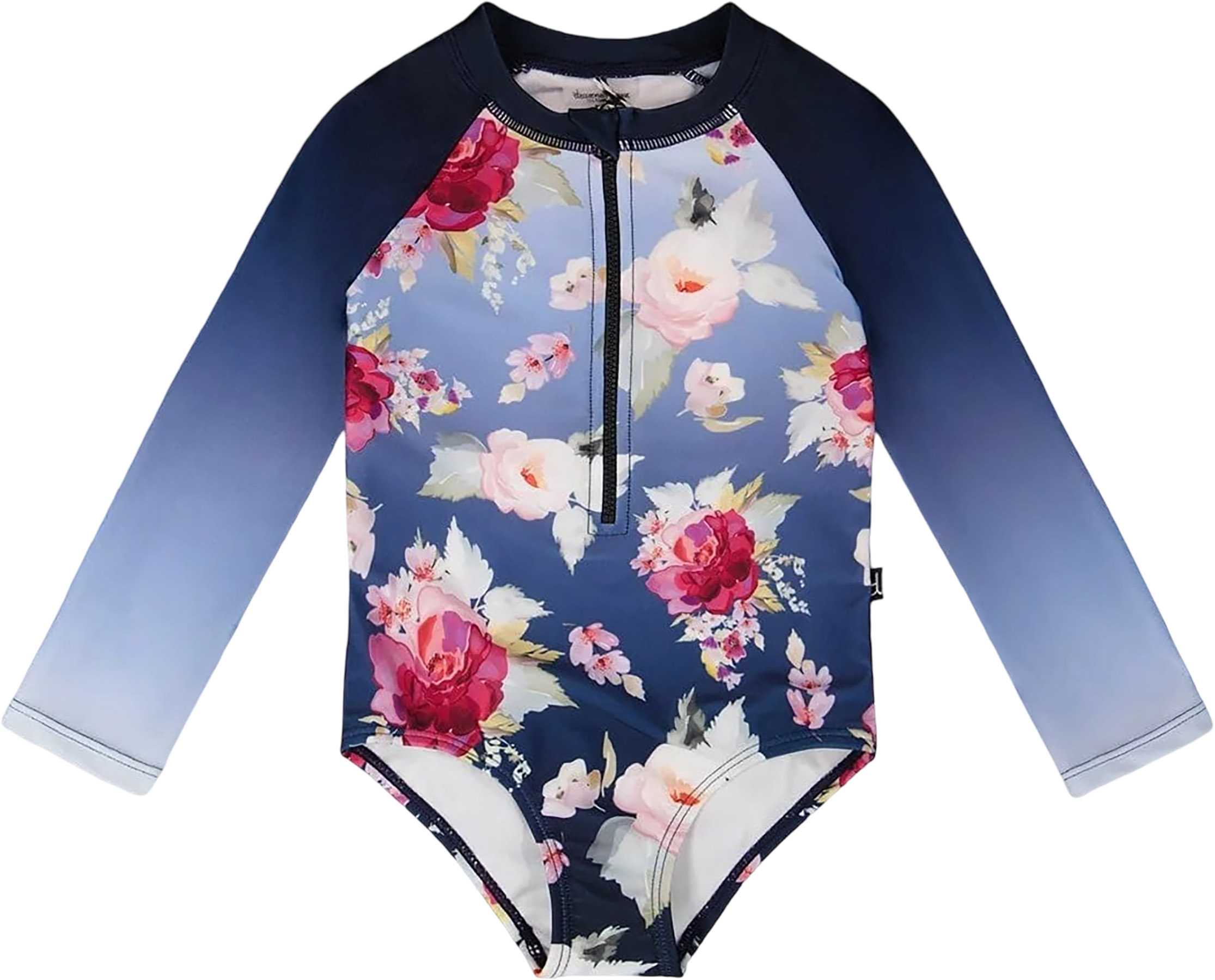 Product image for Rose Print One-Piece Long Sleeve Rashguard - Big Girl