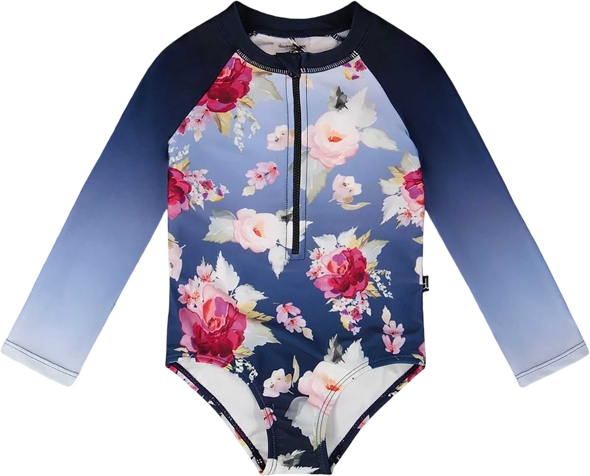 Product image for Rose Print One-Piece Long Sleeve Rashguard - Little Girl