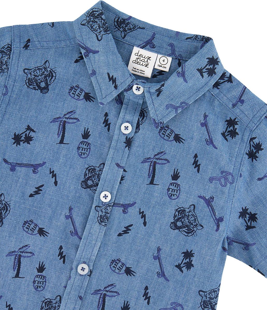 Product gallery image number 3 for product Printed Chambray Short-Sleeve Shirt with Stripes - Little Boy