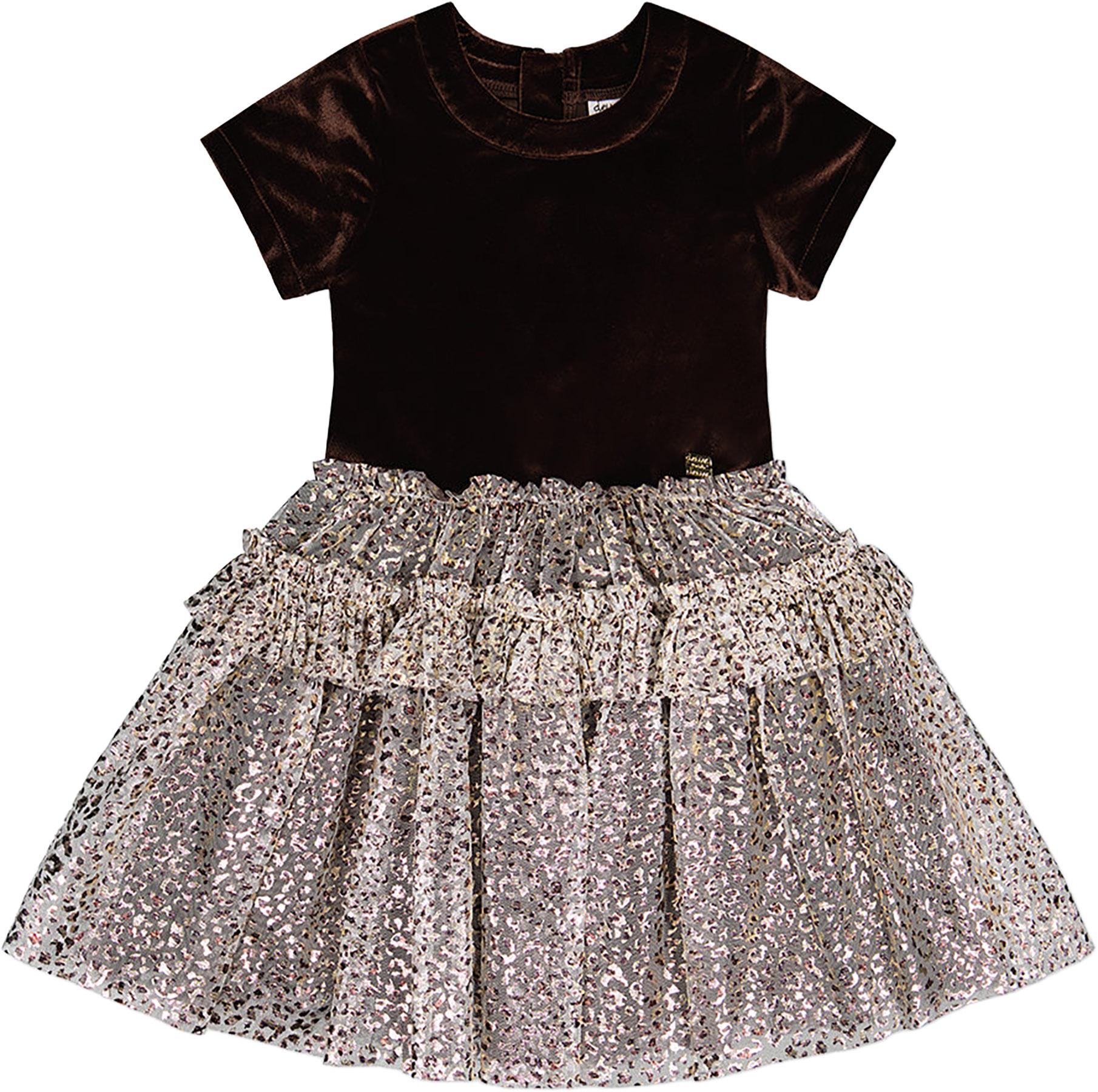 Product image for Bi-Material Short Sleeve Dress With Printed Mesh Skirt - Little Girls