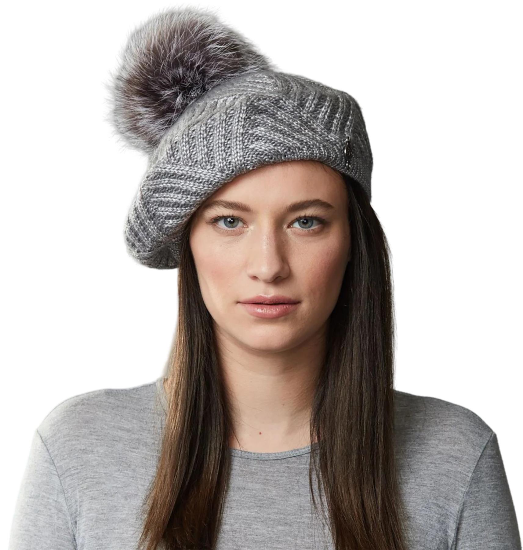 Product gallery image number 2 for product Chevron Beret with Upcycled Fur Pom - Women's