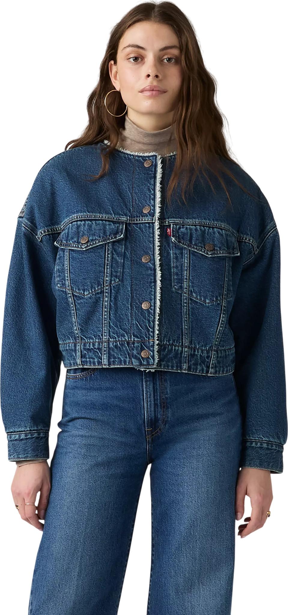 Product gallery image number 3 for product Collarless Cropped Sherpa Trucker Jacket - Women's