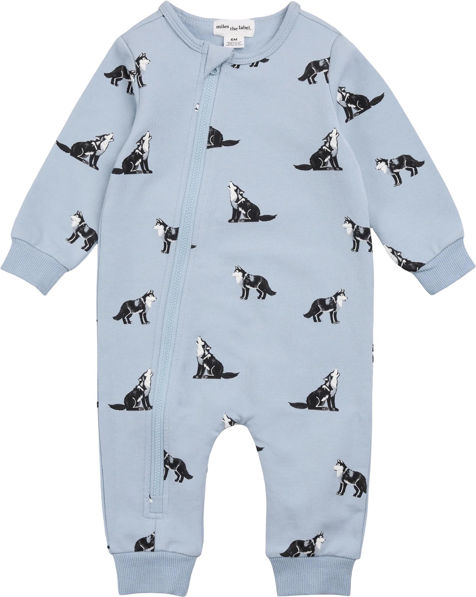 Image de produit pour Combinaison en molleton bleu poussiéreux à imprimé de loups - Garçon