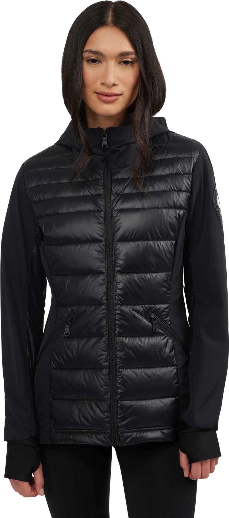 Product image for Cressy Mixed-Media Channel Quilted Stretch Puffer Jacket with Fixed Hood - Women's