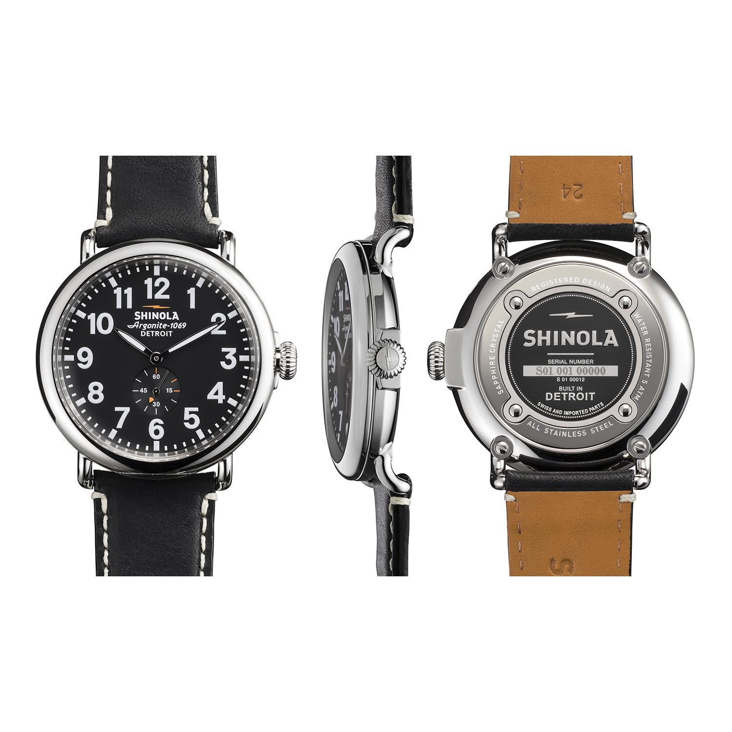 Product gallery image number 2 for product The Runwell 47mm - Black Leather Strap + Black Dial Watch - Men's